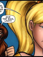 JKR comix. Cartoon girls discuss the superhero costume